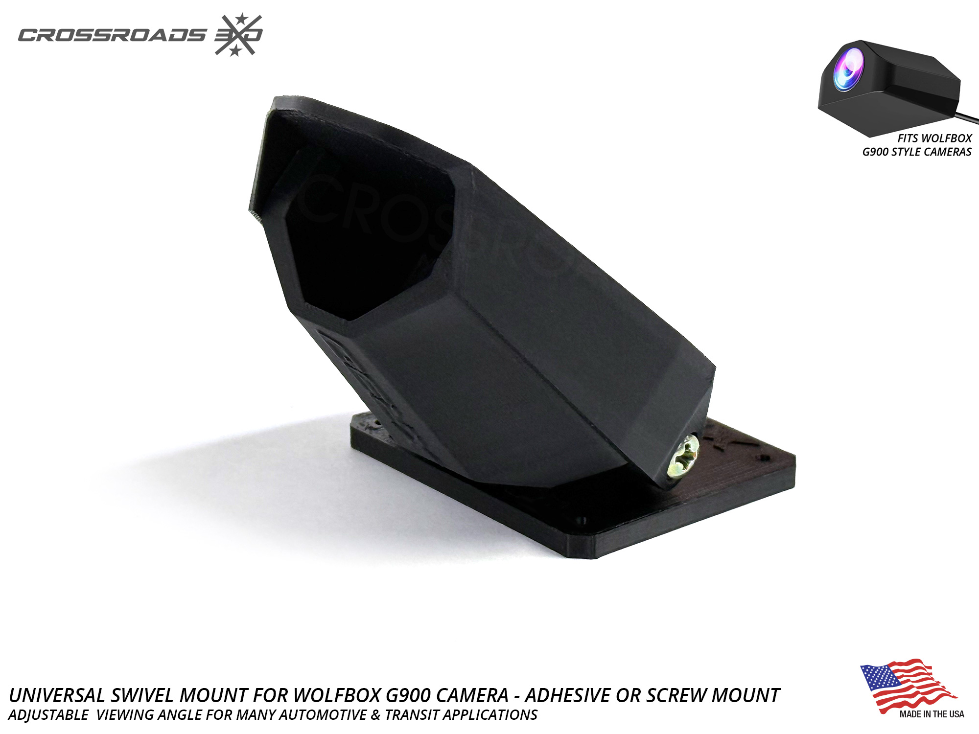 Universal Wolfbox G900 Camera Swivel Mount - Adhesive / Screw Mount Enclosure - USA-made - Image 4