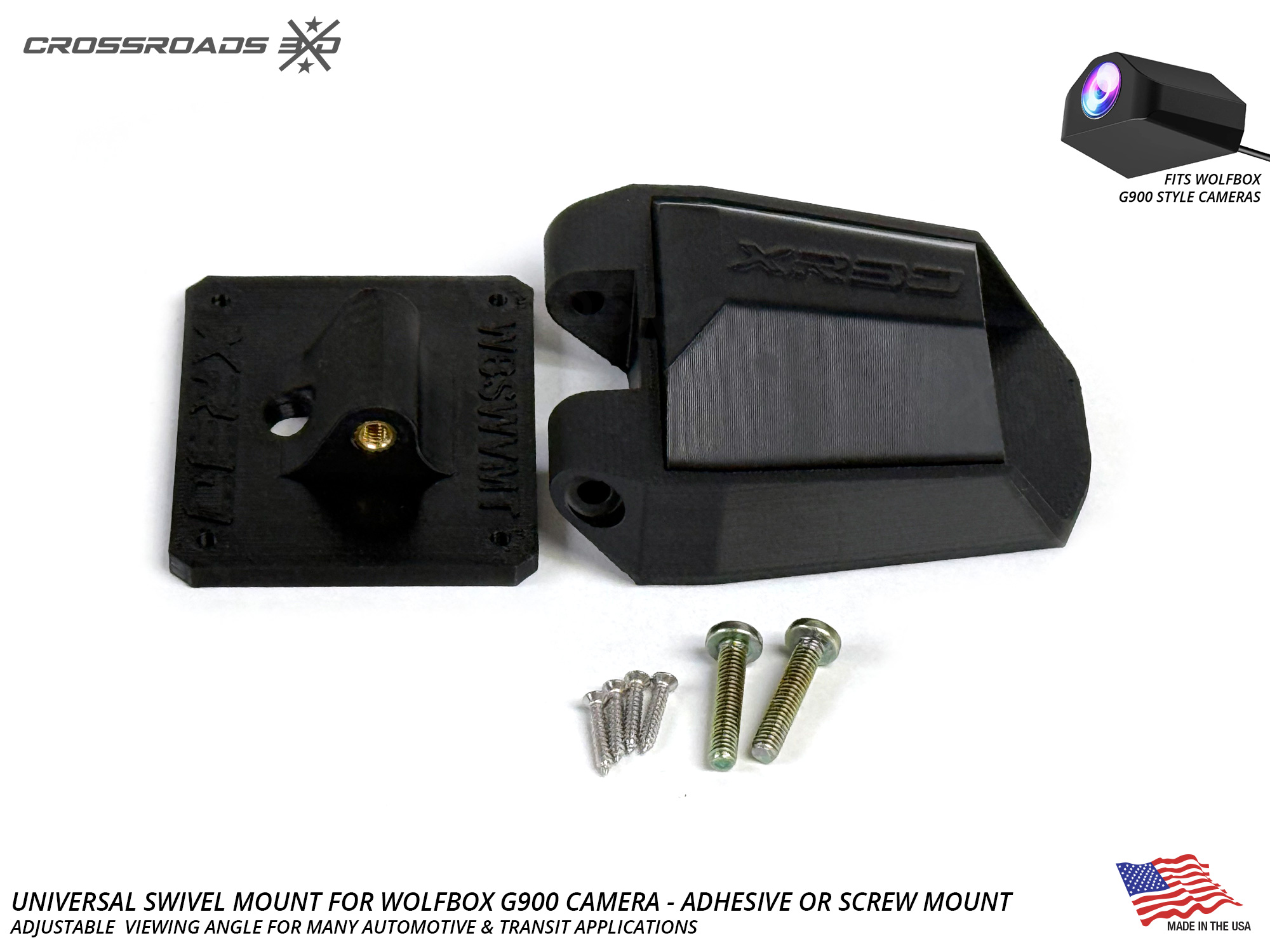 Universal Wolfbox G900 Camera Swivel Mount - Adhesive / Screw Mount Enclosure - USA-made - Image 2