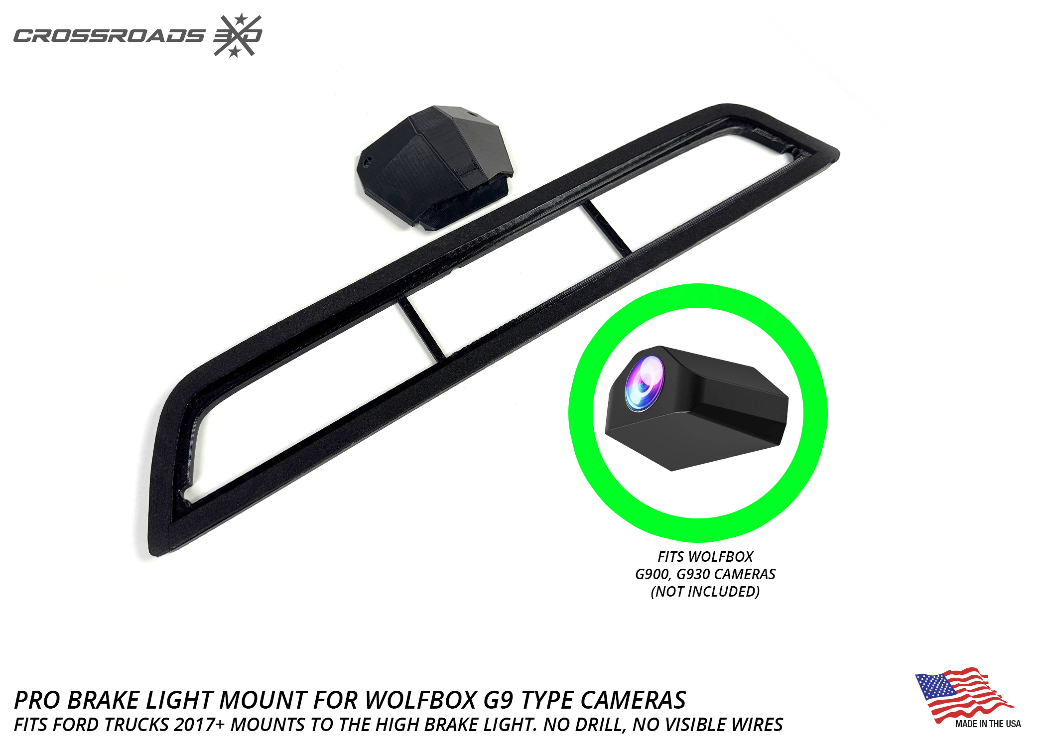 Ford Super Duty & Raptor Third Brake Light Camera Mount - Wolfbox G900, No Drill, Hidden Wiring - 2017+ Fitment